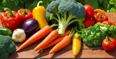 Ilustración vibrante de verduras frescas como zanahorias