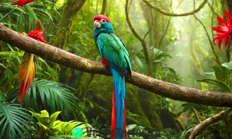 Un quetzal colorido en una rama de una selva tropical, simbolizando la biodiversidad y la conservación