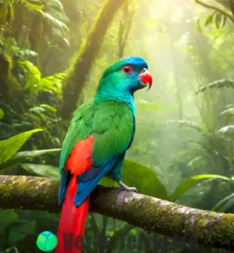 Ilustración detallada de un quetzal posado en una rama de un bosque tropical