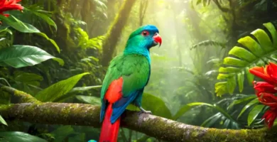 Ilustración detallada de un quetzal posado en una rama de un bosque tropical