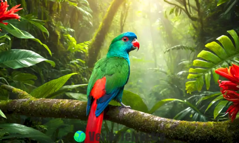 Ilustración detallada de un quetzal posado en una rama de un bosque tropical