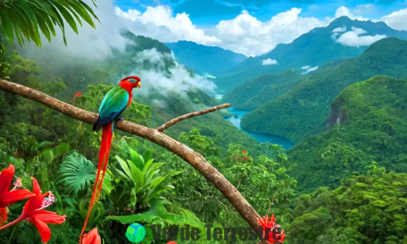Un quetzal vibrante posado en una rama, rodeado de flores tropicales, con un fondo de montañas y cielo azul, representando la esperanza en la conservación