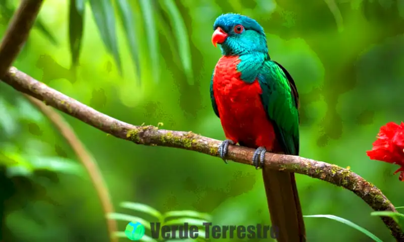 Quetzal vibrante posado en una rama, rodeado de selva tropical densa con flores coloridas y árboles caídos que simbolizan la pérdida de hábitat