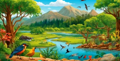 Ilustración educativa de la ecología con bosques