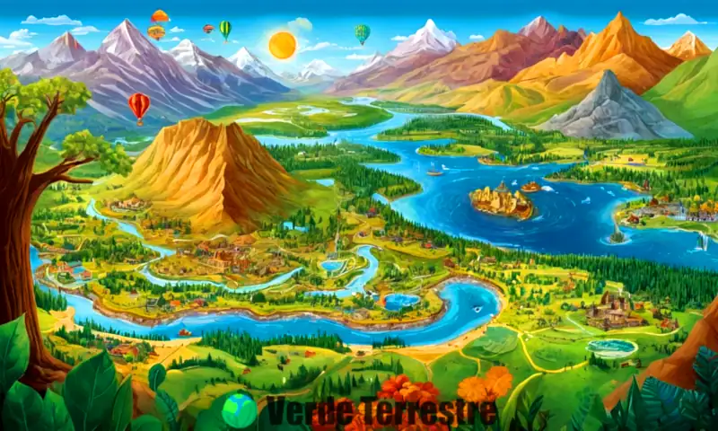 Ilustración colorida del relieve terrestre con montañas, ríos, desiertos y bosques, incluyendo iconos que representan ramas de la geografía y un globo parcialmente visible