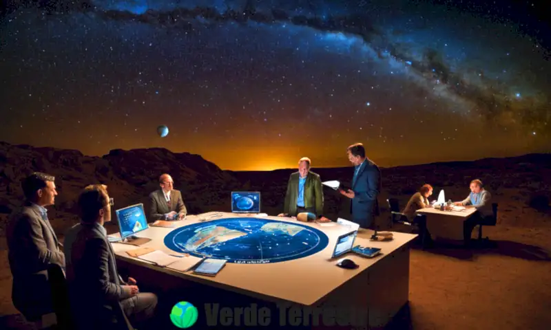 Científicos diversos observan mapas del universo en un paisaje cósmico con planetas y estrellas bajo un cielo estrellado