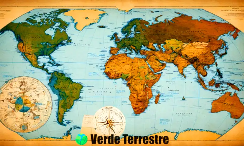 Mapa geométrico detallado con fórmulas y paisajes que representan diferentes ramas de la geografía, en un diseño infográfico moderno