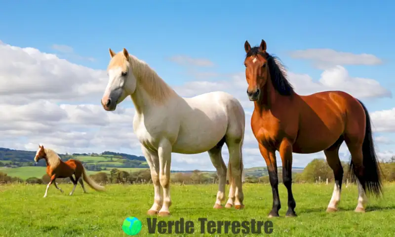 Colección de 10 majestuosos caballos de razas grandes en un prado verde bajo un cielo azul