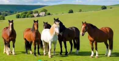 Diez razas de caballos grandes en un prado verde bajo un cielo azul