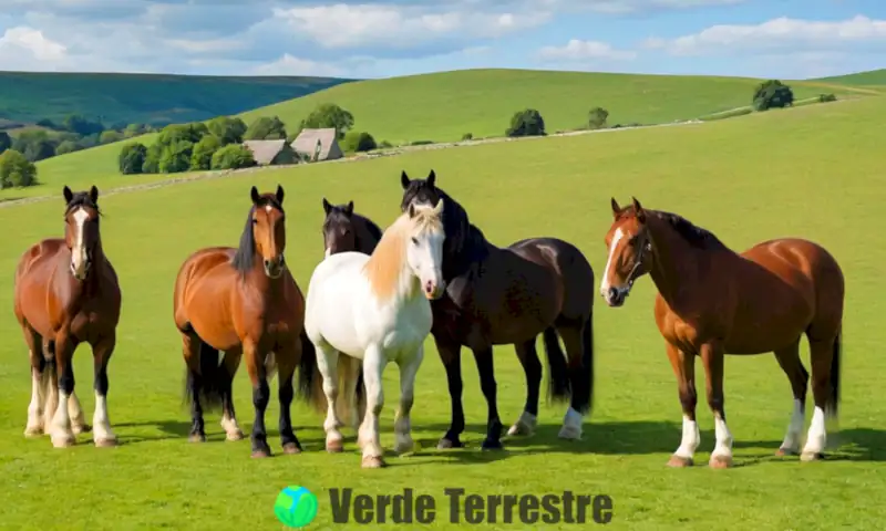 Diez razas de caballos grandes en un prado verde bajo un cielo azul