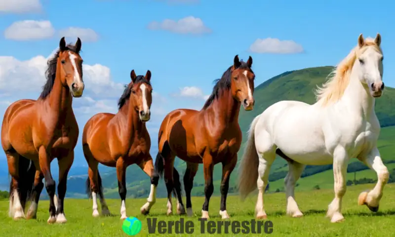 Diez magníficos caballos de razas grandes, como Clydesdale y Andaluza, posando orgullosos en un pastizal bajo un cielo azul