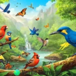 Ilustración educativa de un ecosistema con flora y fauna diversas interactuando en un bosque vibrante