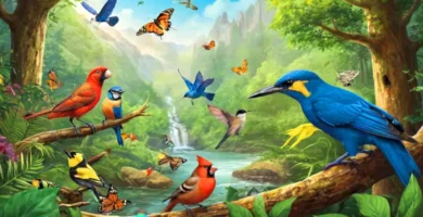 Ilustración educativa de un ecosistema con flora y fauna diversas interactuando en un bosque vibrante