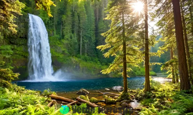 Escena de un bosque vibrante con árboles diversos, un río que fluye hacia un estanque y rayos de sol entre las hojas