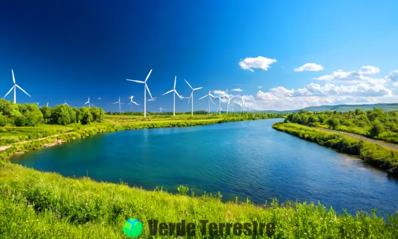 Paisaje verde y vibrante con turbinas eólicas y paneles solares, ríos cristalinos y rica biodiversidad bajo un cielo azul