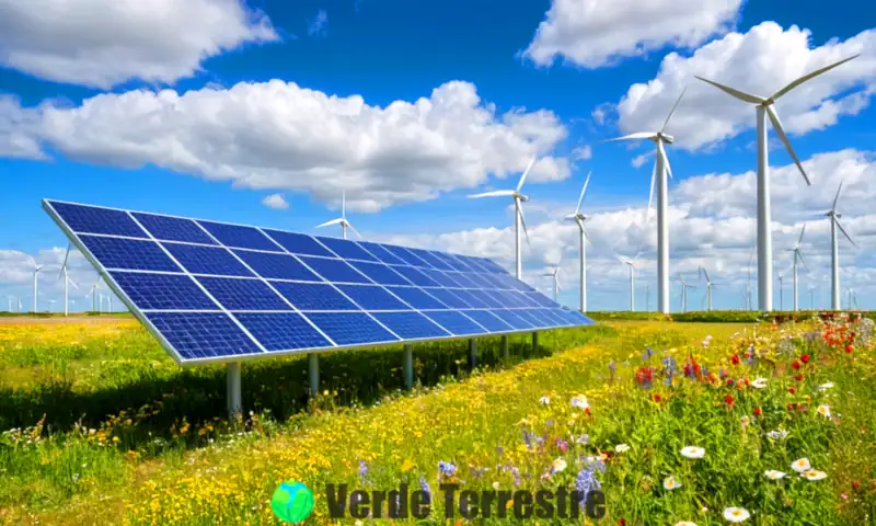 Paisaje vibrante con paneles solares y aerogeneradores, personas diversas plantando árboles en un campo verde bajo un cielo azul