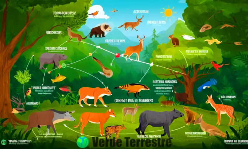 Diagrama de red alimentaria en un ecosistema con plantas, herbívoros, carnívoros y descomponedores, ilustrando el flujo de energía en un bosque luminoso