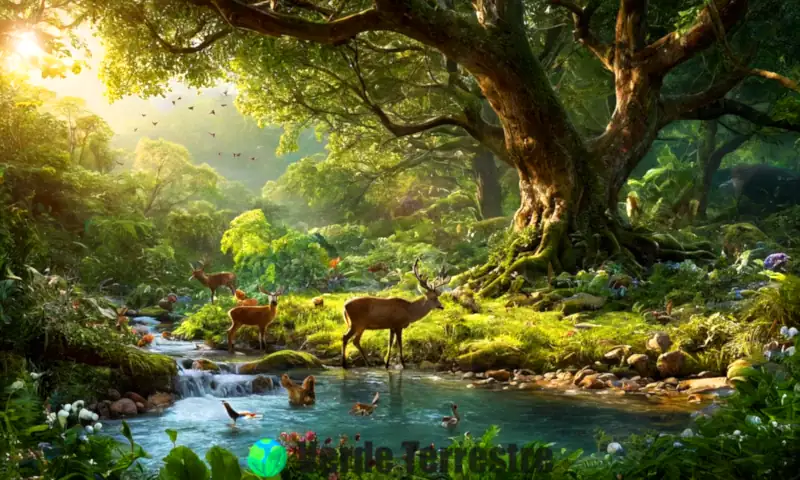 Ecosistema de bosque vibrante con plantas, herbívoros, carnívoros y descomponedores interconectados