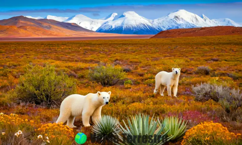 Representación artística de las cinco regiones naturales del mundo con paisajes que incluyen tundra ártica, selva tropical, desierto, bosque templado y praderas