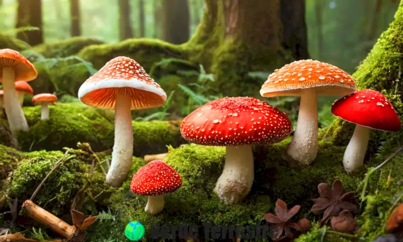 Ilustración vibrante de diversas especies de hongos en un bosque, con detalles realistas y etiquetas educativas