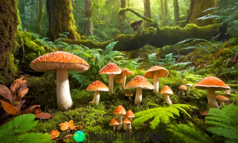 Ilustración artística de diversos grupos de hongos en un bosque, con detalles y etiquetas que destacan especies como setas, mohos y levaduras