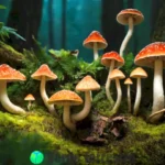 Ilustración mágica de diversas especies de hongos en un bosque vibrante