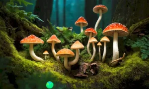 Ilustración mágica de diversas especies de hongos en un bosque vibrante