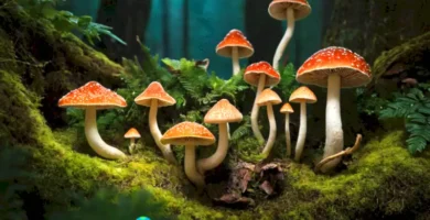 Ilustración mágica de diversas especies de hongos en un bosque vibrante