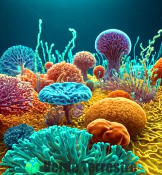Ilustración digital del Reino Monera con diversas formas de bacterias y arqueas en un fondo microscópico colorido