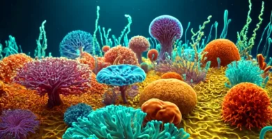 Ilustración digital del Reino Monera con diversas formas de bacterias y arqueas en un fondo microscópico colorido