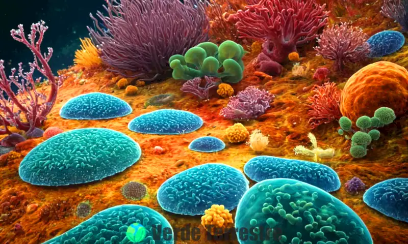 Ilustración colorida del Reino Monera con diversas formas de bacterias y arqueas en un paisaje microscópico