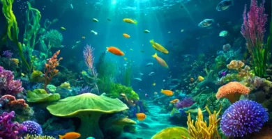 Representación artística de diversos organismos protistas en un vibrante entorno submarino