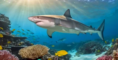 Remoras nadando junto a un tiburón en un colorido arrecife de coral