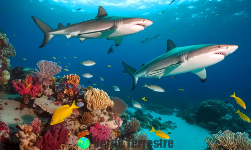 Remoras nadando junto a un tiburón en un vibrante fondo marino con coral y peces coloridos