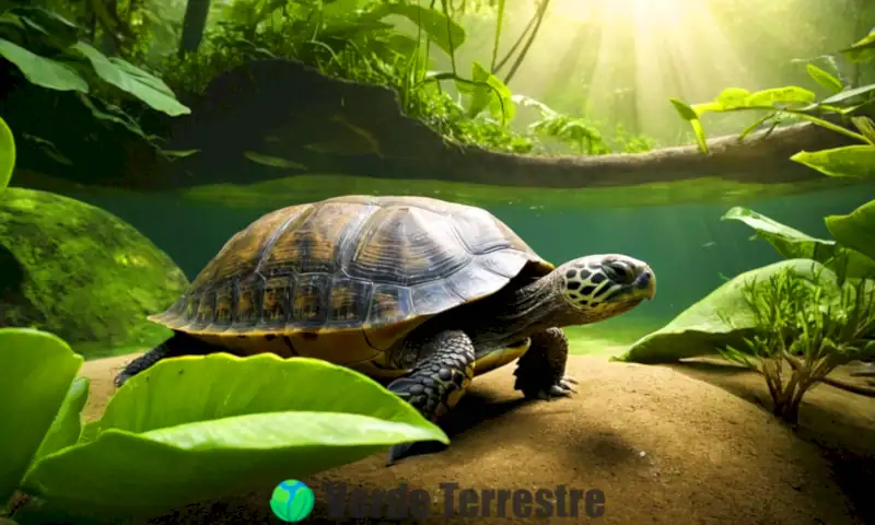 Tortuga en su hábitat natural, rodeada de vegetación y un estanque claro