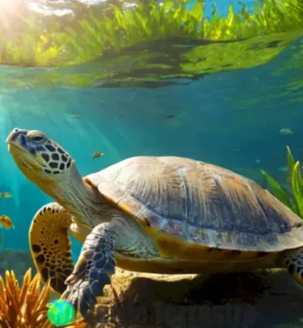 Tortuga gigante nadando en agua cristalina