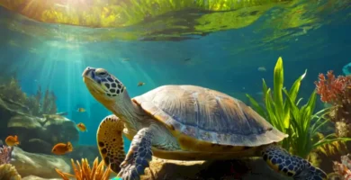 Tortuga gigante nadando en agua cristalina