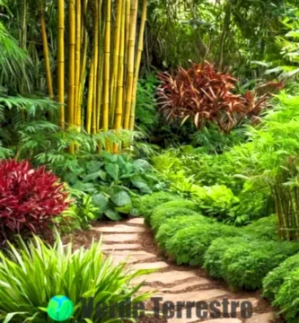Jardín verde y floreciente con plantas rizomatosas como bambú y jengibre