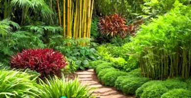 Jardín verde y floreciente con plantas rizomatosas como bambú y jengibre