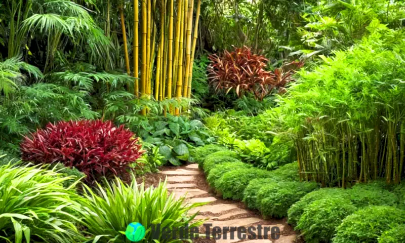 Jardín verde y floreciente con plantas rizomatosas como bambú y jengibre