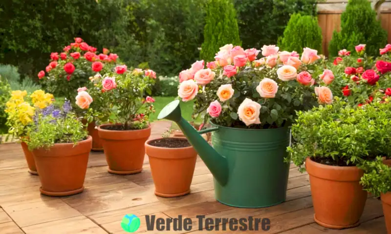 Jardín de rosas en macetas con flores vibrantes y herramientas de jardinería en un patio soleado