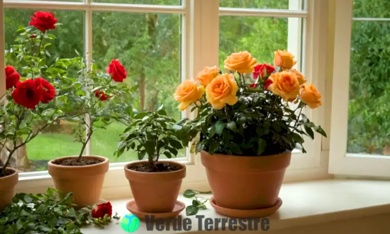 Un jardinero poda cuidadosamente un rosal en una habitación iluminada por la luz natural, rodeado de hojas verdes y pétalos caídos