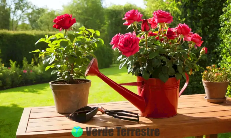 Planta de rosas en maceta con flores rojas y rosas, rodeada de herramientas de jardinería en un jardín soleado