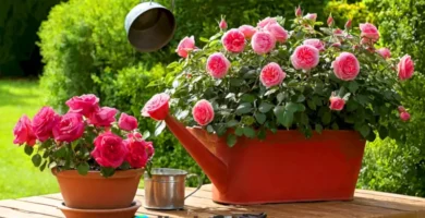 Maceta con rosas rojas y rosadas en una mesa de jardín