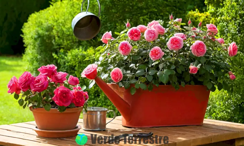 Maceta con rosas rojas y rosadas en una mesa de jardín