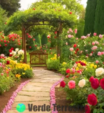 Jardín vibrante con rosas de varios colores en plena floración