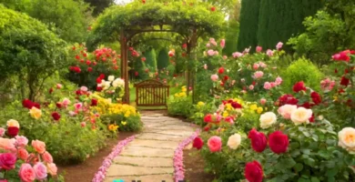 Jardín vibrante con rosas de varios colores en plena floración