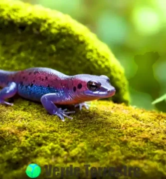 Un salamandro venenoso de colores vibrantes reposa sobre una roca cubierta de musgo