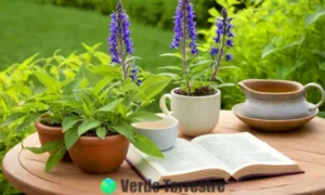 Ilustración de una planta de salvia con hojas verdes y flores moradas en un jardín herbal