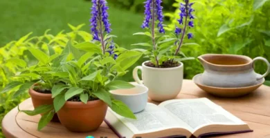 Ilustración de una planta de salvia con hojas verdes y flores moradas en un jardín herbal